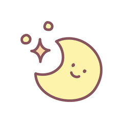 Cute moon icon. Hand drawn illustration of a smiling crescent and stars isolated on a white background. Kawaii sticker. Vector 10 EPS.
