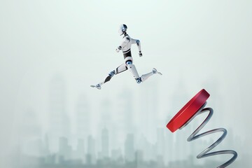 A cyborg robot jumps on a springboard, a spring into the sky. rapid development of technology, progress in robotics, artificial intelligence, evolution, boost. 3D renderer.