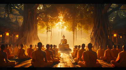 Buddhist Under the Tree, Group of monks around the tree with Yellow Light, Generative AI