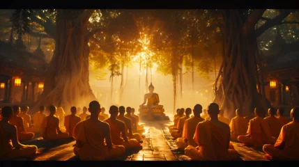 Foto op Canvas Buddhist Under the Tree, Group of monks around the tree with Yellow Light, Generative AI © Azmee