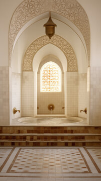 A serene Moroccan bath or Turkish hammam with detailed tiles and ornamental arch, highlighting classic Islamic architecture