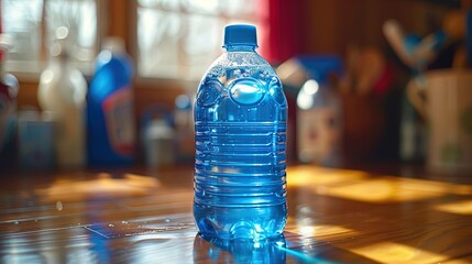 Blue Water Bottle on Wooden Table