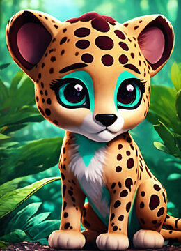 A cute and mint baby cheetah with big eyes in the gungle animenated cartoon unreal 10k