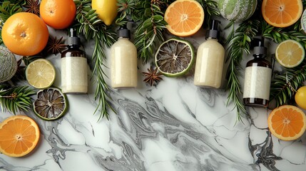 Marble Counter With Oranges, Lemons, and Pine Cones