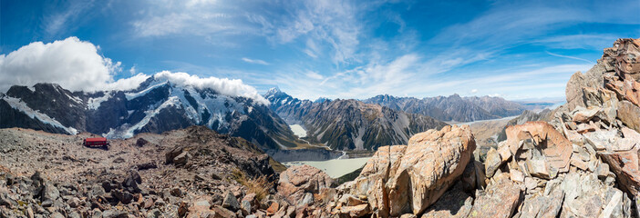 Breathtaking Views from Muller Hut Route with Mount Cook, Glacial Lake and Snowy Peaks in Aoraki/Mount Cook National Park, New Zealand
