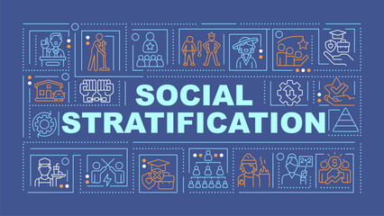 Social stratification dark blue word concept. Social status. Typography banner. Flat design. Vector illustration with title text, editable line icons. Ready to use. Arial Black font used
