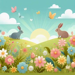 easter background with eggs and flowers