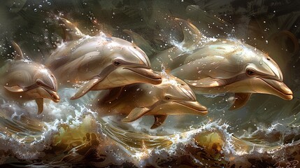 Group of Dolphins Swimming in the Ocean - obrazy, fototapety, plakaty