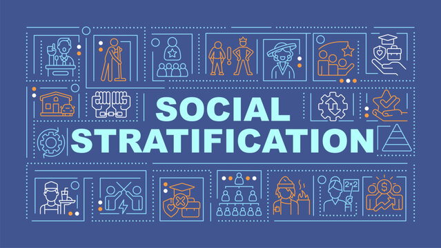 Social stratification dark blue word concept. Social status. Typography banner. Flat design. Vector illustration with title text, editable line icons. Ready to use. Arial Black font used