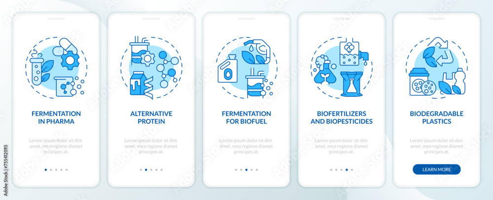Aufkleber fermentation usability blue onboarding mobile app screen. walkthrough 5 steps editable graphic instr