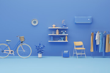 Creative composition. Interior of the room in trendy blue color with furnitures and room accessories. Light background with copy space. 3D render for web page, presentation, studio. Healthy lifestyle	