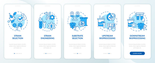 Precision fermentation steps blue onboarding mobile app screen. Walkthrough 5 steps editable graphic instructions with linear concepts. UI, UX, GUI template. Myriad Pro-Bold, Regular fonts used - obrazy, fototapety, plakaty