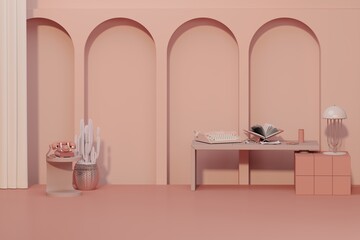 Stylish living peach fuzz tone room interior of modern apartment and trendy furniture, table on carpet floor and coral pink elegant accessories with art decoration, clock, lamp. 3d render