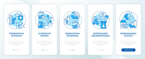 Fermentation usability blue onboarding mobile app screen. Walkthrough 5 steps editable graphic instructions with linear concepts. UI, UX, GUI template. Myriad Pro-Bold, Regular fonts used