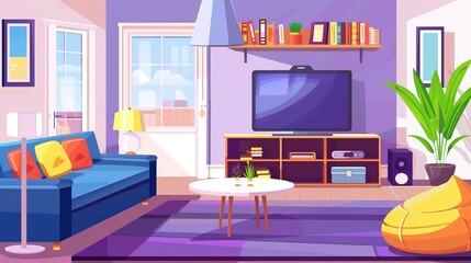 Living room interior with couch, TV, bookshelf and coffee table, empty apartment design with bean bag chair and decoration, Cartoon modern illustration.