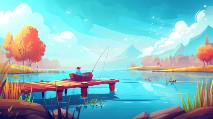 Fototapeten Modern illustration of summer landscape with river, sea bay or pond, wharf, man in hat with fishing rod in boat and wooden pier. © Mark