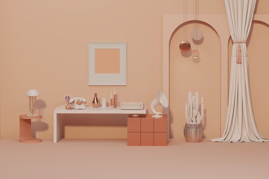 Stylish living peach fuzz tone room interior of modern apartment and trendy furniture, table on carpet floor and coral pink elegant accessories with art decoration, clock, lamp. 3d render