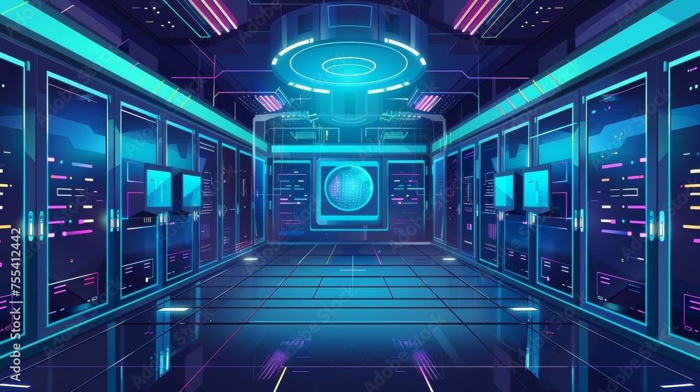 Poster data center room interior with hologram of processor and server hardware. concept of artificial inte