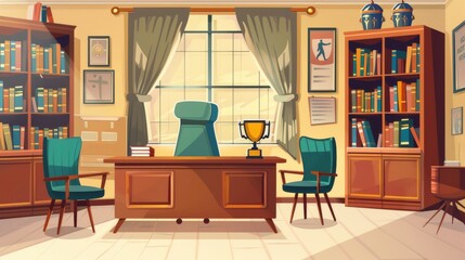 A school administrator's office with desks and chairs, a bookcase and display case with sport trophies. A modern cartoon of the empty interior of a school teacher's cabinet for chatting with pupils - obrazy, fototapety, plakaty