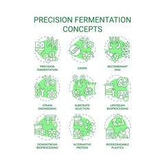 Precision fermentation green concept icons. Food genetic modification. Artificial selection. Synthetic biology, biotechnology. Icon pack. Vector images. Round shape illustrations. Abstract idea