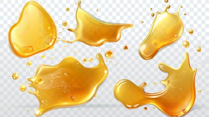 A modern mockup of liquid gold drips of organic cosmetic or food oil, top view of puddles of yellow liquid.