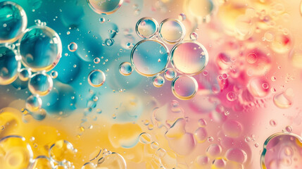 Water bubbles collected on a window surface, creating a pattern of varying sizes and shapes due to condensation and temperature changes, colored background. Wallpaper. - obrazy, fototapety, plakaty