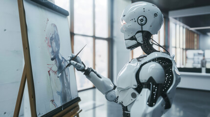 A robot is drawing human art at the indoor art room