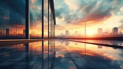 Deurstickers Modern office building or business center. High-rise window buildings made of glass reflect the clouds and the sunlight. empty street outside  wall modernity civilization. growing up business © pinkrabbit