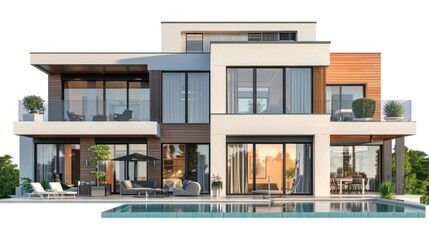 .3D rendering of a modern comfortable house with swimming pool, house, luxury, villa, modern, architecture, building, exterior, residential, property, designer