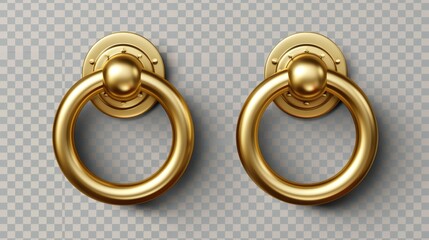 Gold door knocker handles, golden ring knobs, shiny vintage metal doorknobs, isolated on transparent background, 3D modern illustration, icon, clipart