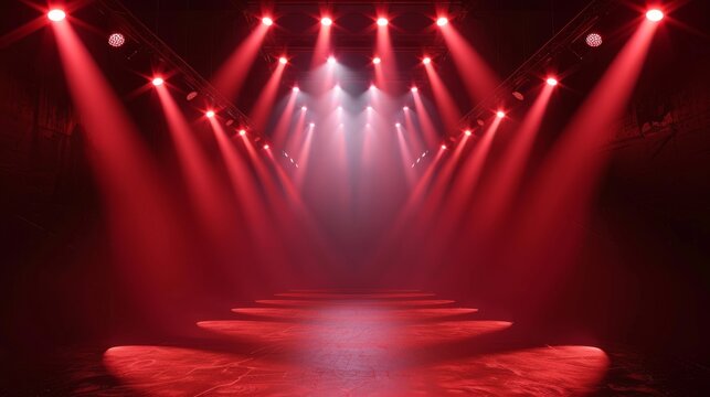 An illuminated background, glowing stage lights, white beams for a red carpet award or gala concert. An illuminated runway with lamp rays and smoke for the show. Realistic 3D modern illustration.