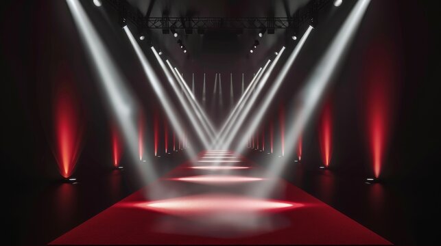 A red carpet award or gala concert with glowing lights and white beams, an empty illuminated runway with light rays for a show and realistic 3d modern rays for the red carpet.