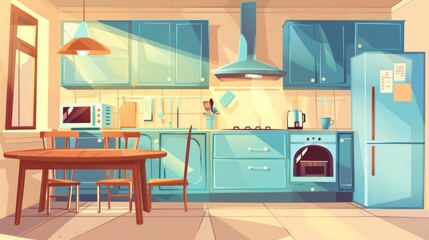 An illustration of a kitchen interior with furniture cartoons. The image features a wooden dining table, blue kitchen cabinets, a fridge with magnets, a microwave, an oven, a hob, and an extractor