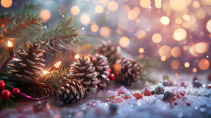 Blurred Christmas glitter bokeh background with pine tree branches, pine cones, red berries, Christmas balls.