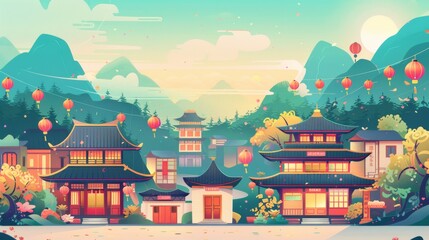 Village with traditional Chinese, Japanese and Korean houses and festival lanterns. Modern landscape with mountains & Chinese, Japanese buildings.