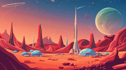 Astronaut base on Mars surface. Modern cartoon illustration of space colonization, cosmos exploration concept. Space station in alien galaxy.