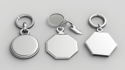 Mockup of a silver-colored accessory or souvenir pendant mock-up. Metal round, square and hexagon keychain holders isolated on white background. Realistic 3d modern illustration, icon, clip art. - obrazy, fototapety, plakaty