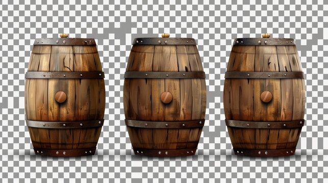 Modern realistic keg for whiskey, rum or cognac isolated on transparent background made from oak wood with copper or iron rings.