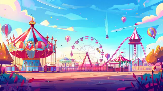 Typical summertime landscape with attractions and balloons. Carnival funfair, amusement park with carousel, roller coaster, and ferris wheel.