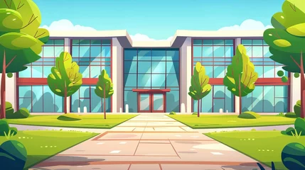 Poster Cartoon modern illustration of school building, educational institution, college with green grass lawns, paving stones path, city architecture, study room, summer landscape Cartoon modern © Mark
