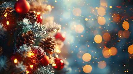 Obraz na płótnie Canvas Blurred Christmas glitter bokeh background with pine tree branches, pine cones, red berries, Christmas balls.