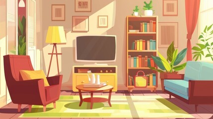 An interior of a spring living room with furniture, bookshelf, carpet, floor lamp, and house plants. Modern cartoon illustration.