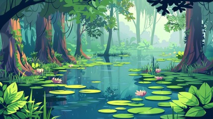 Tropical swamp landscape with marsh, water lilies, tree trunks and bog grass. Modern cartoon illustration of wild jungle, rain forest with river, lake, or swamp. - obrazy, fototapety, plakaty