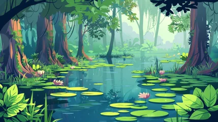 Möbelaufkleber Tropical swamp landscape with marsh, water lilies, tree trunks and bog grass. Modern cartoon illustration of wild jungle, rain forest with river, lake, or swamp. © Mark