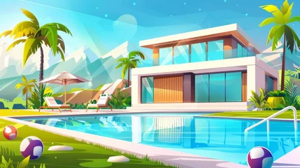 Foto auf Acrylglas An illustration of a house and swimming pool with deck chairs on the lawn, balls in the water, and palm trees amidst mountains in the distance. Modern summer landscape with villas, basins, palms, and © Mark