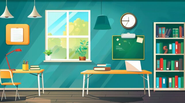 Classroom interior with empty desk, laptop, green blackboard with protractor, clock hanging on wall and books cupboard. Cartoon modern illustration.
