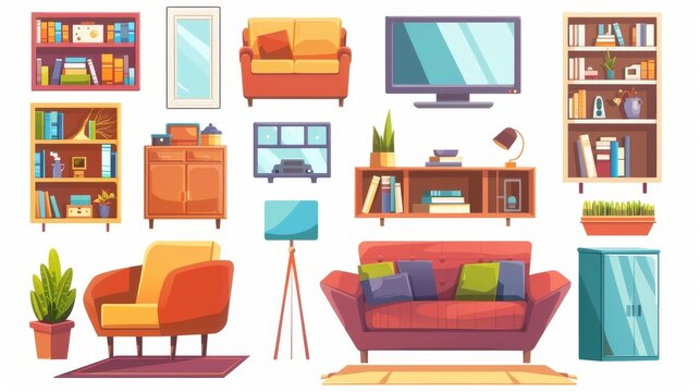 Sofa, armchair, bookshelves, and TV in living room. Modern cartoon collection of furniture for house, carpet, floor lamp, and spring plants.
