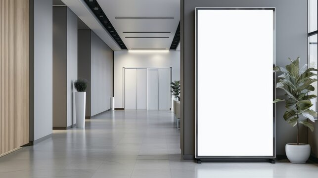 A blank billboard is displayed along the wall of an office hallway. A white LCD screen floors a display. Vertical advertisements are displayed on the floor. A realistic 3D modern mockup of the