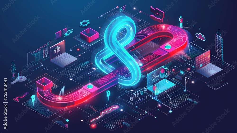 Poster banner for devops project integration with an isometric illustration of the lifecycle infinity sign 