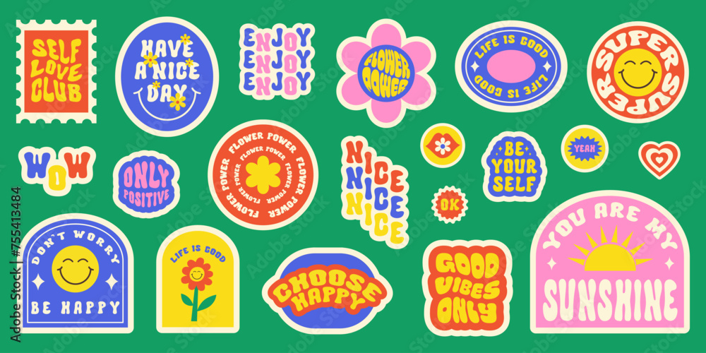 Poster trendy colorful set stickers with smiling face and text. collection of cartoon shapes, positive slog